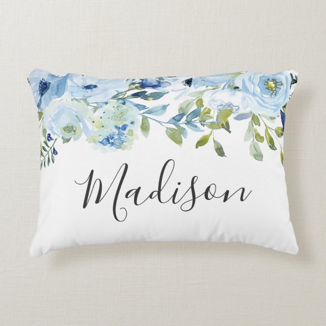 Sky Blue Watercolor Flowers Girls Name Gift Accent Pillow (Front)