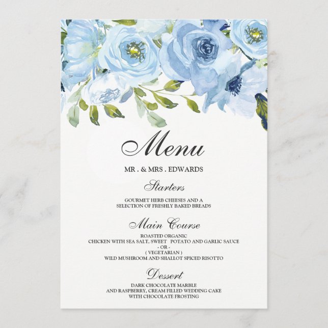 Sky Blue Watercolor Flowers Modern Wedding Menu (Front)