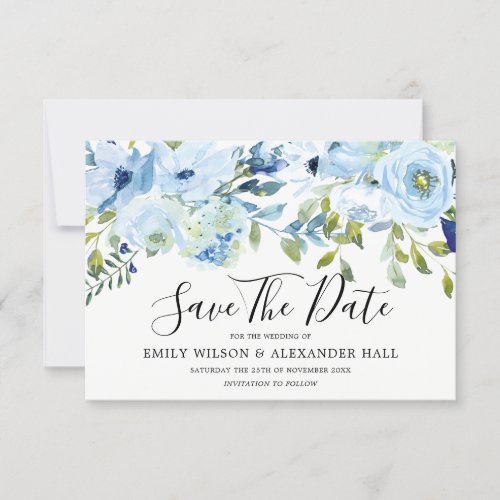 Sky Blue Watercolor Flowers Modern Wedding Save The Date