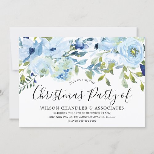 Sky Blue Watercolor Flowers Office Christmas Party Invitation