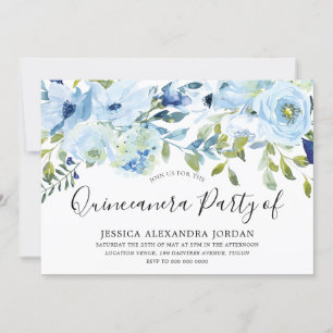 Sky Blue Watercolor Flowers Quinceanera Party Invitation