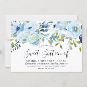 Sky Blue Watercolor Flowers Sweet 16 Party Invitation