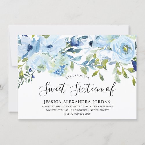 Sky Blue Watercolor Flowers Sweet 16 Party Invitation