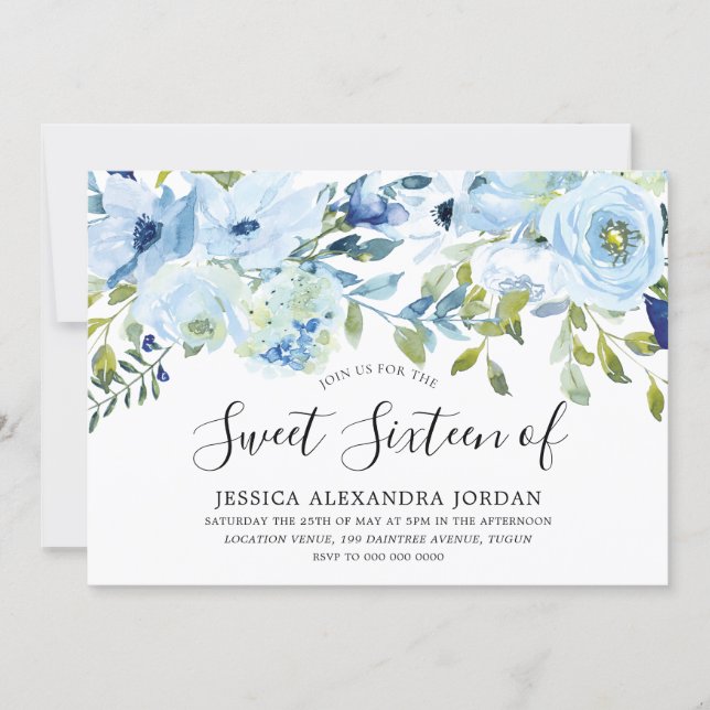 Sky Blue Watercolor Flowers Sweet 16 Party Invitation (Front)