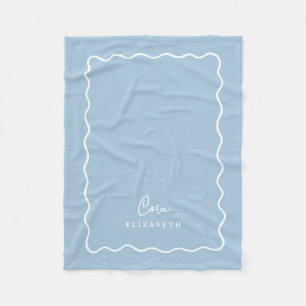 Sky Blue Wavy Border Monogrammed Fleece Blanket