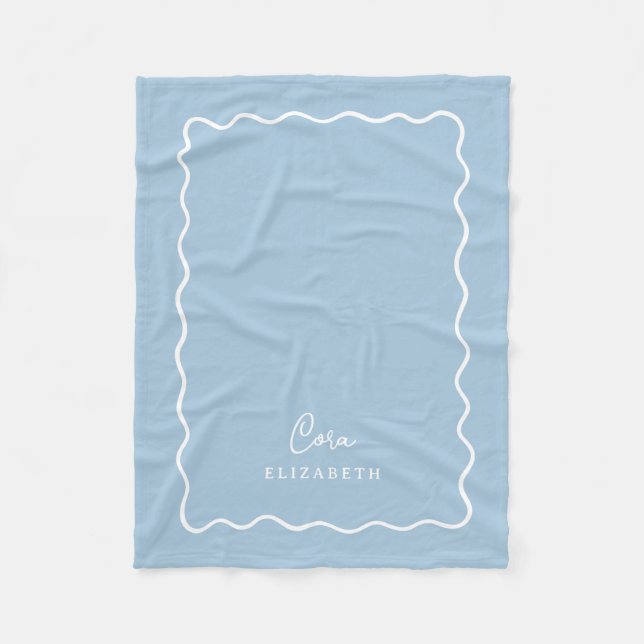 Sky Blue Wavy Border Monogrammed Fleece Blanket (Front)