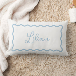 Sky Blue Wavy Scallop Frame Monogram Lumbar Pillow