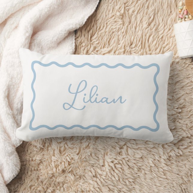 Sky Blue Wavy Scallop Frame Monogram Lumbar Pillow (Blanket)