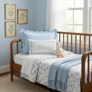 Sky Blue Wavy Scallop Frame Monogram Lumbar Pillow