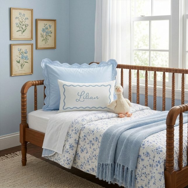 Sky Blue Wavy Scallop Frame Monogram Lumbar Pillow (Creator Uploaded)