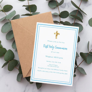 Sky blue white boy First Holy Communion Invitation