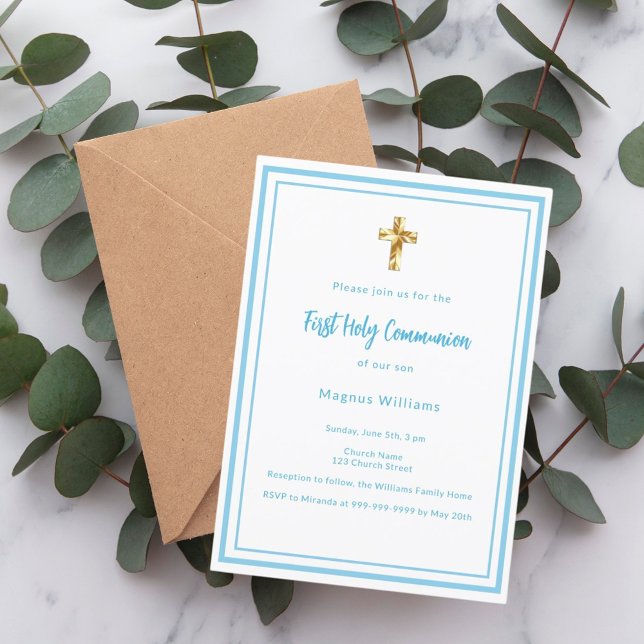 Sky blue white boy First Holy Communion Invitation (Creator Uploaded)