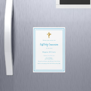 Sky blue white boy First Holy Communion Magnetic Invitation
