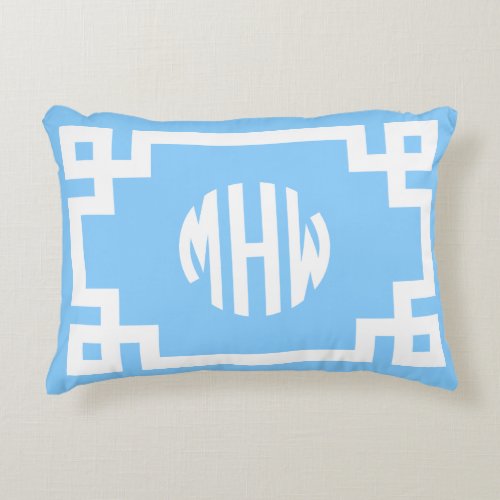 Sky Blue White Circle Monogram Greek Key DIY BG Accent Pillow