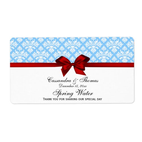 Sky Blue White Damask Water Label Red Bow Label