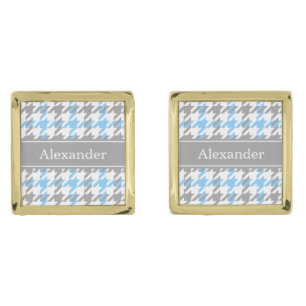 Sky Blue White Dk Gray Houndstooth Name Monogram Cufflinks