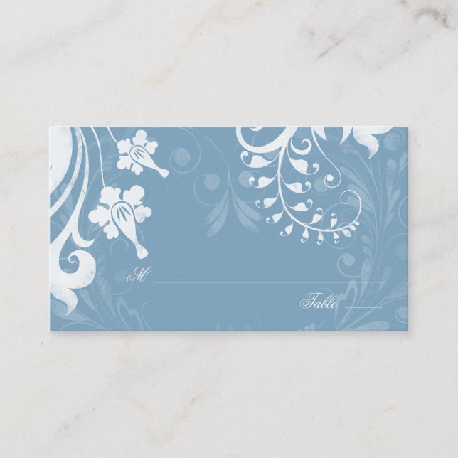 Sky Blue White Floral Wedding Place Cards (Front)