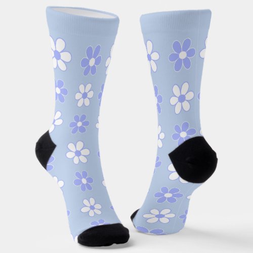 Sky Blue  White Flower Pattern on Light Blue Socks