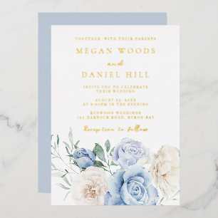 Sky Blue & White Flowers Gold Foil Wedding Invitation