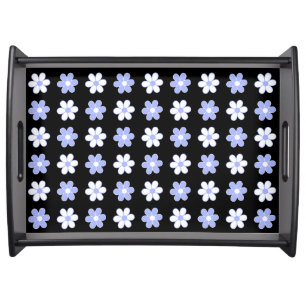 Sky Blue & White Flowers on Black Serving Tray
