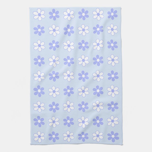 Sky Blue & White Flowers on Light Blue Kitchen Towel (Vertical)