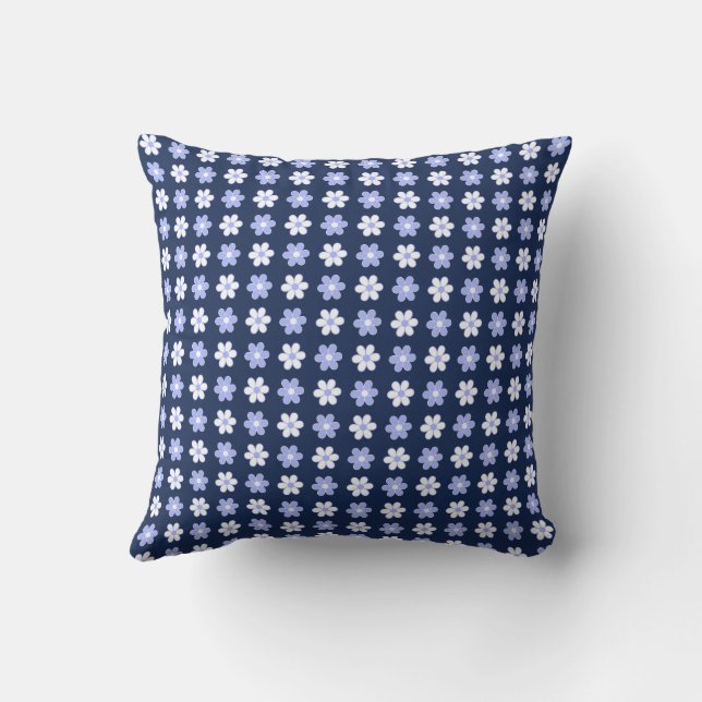 Sky Blue & White Flowers on Royal Blue Throw Pillow (Back)