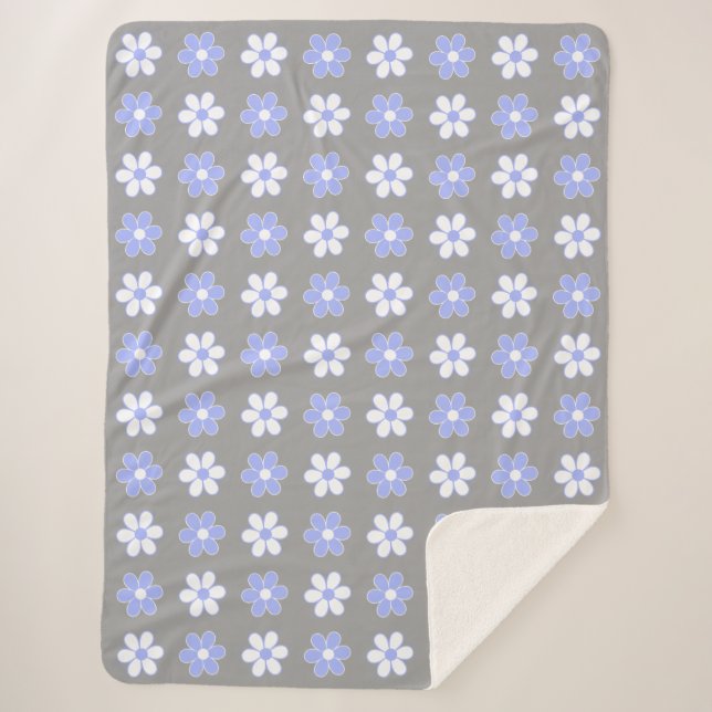 Sky Blue & White Flowers on Silver Gray Sherpa Blanket (Front)