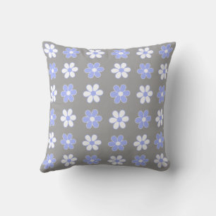 Sky Blue & White Flowers on Silver Gray Throw Pillow