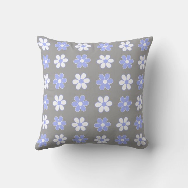 Sky Blue & White Flowers on Silver Gray Throw Pillow (Back)