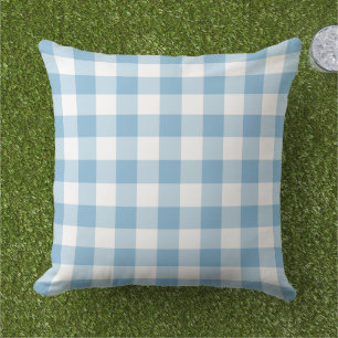 Sky Blue White Gingham Plaid Check Outdoor Pillow