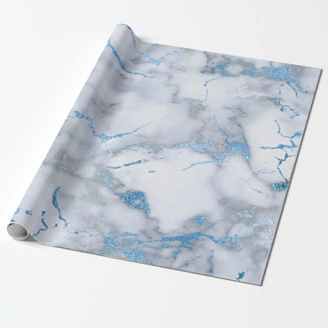 Sky Blue White Gray Marble Shiny Brushes Wrapping Paper (Unrolled)