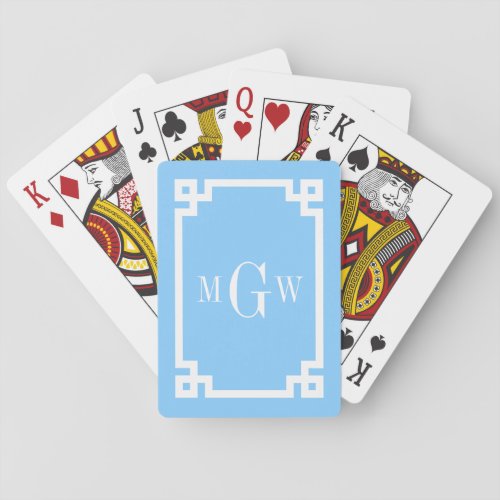 Sky Blue White Greek Key 2 Framed 3 Init Monogram Playing Cards