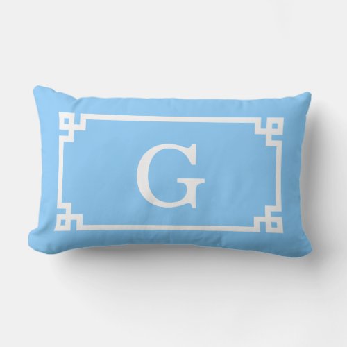Sky Blue White Greek Key Frame 2 Initial Monogram Lumbar Pillow