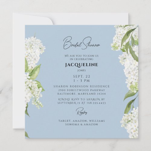 Sky Blue White Hydrangea Square Bridal Shower Invitation