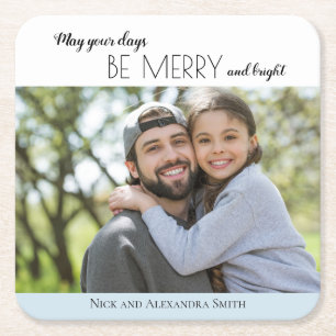 Sky Blue White Merry Bright Christmas Holiday Square Paper Coaster