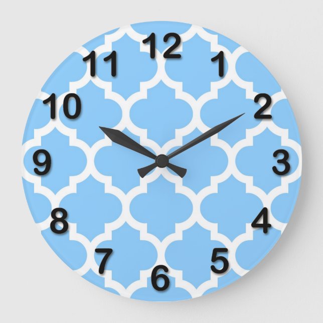Sky Blue White Moroccan Quatrefoil Pattern #5 Large Clock (Front)