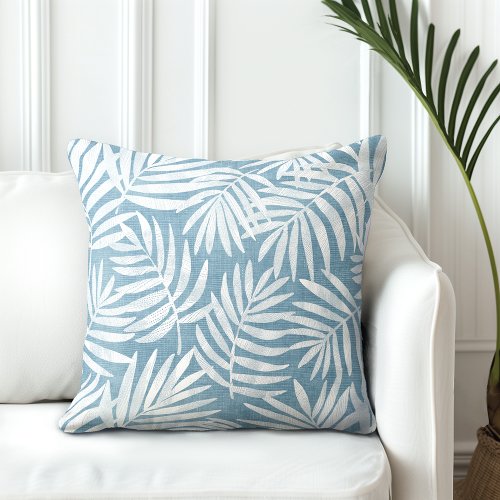 Sky Blue  White Palm Leaf Throw Pillow