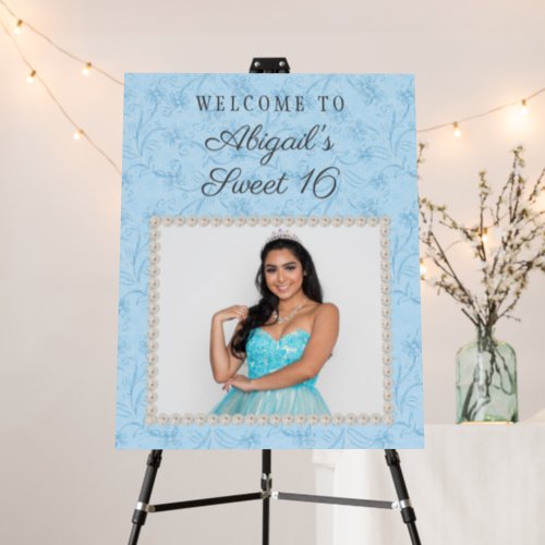 Sky Blue White Pearls Photo Sweet 16 Welcome  Foam Board