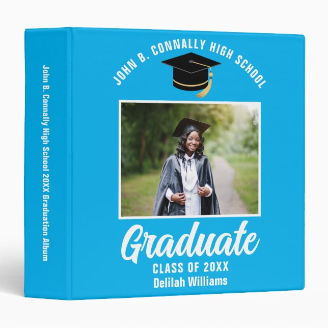 Sky Blue White Personalized Graduation Photo Album 3 Ring Binder (Front/Spine)