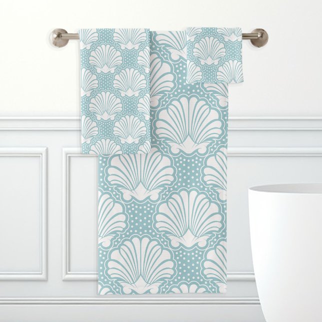 Sky Blue & White Seashell  Bath Towel Set (Creator Uploaded)