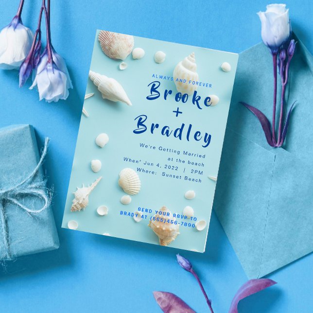 Sky Blue White Seashells Beach Wedding Invitation (Creator Uploaded)