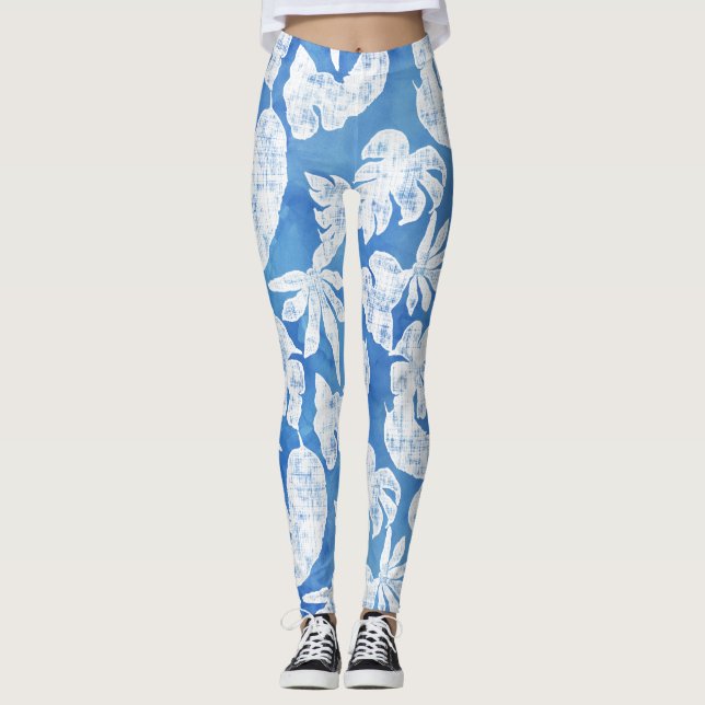 Sky Blue White Tropical Leaf Beach Ocean Summer Leggings (Front)