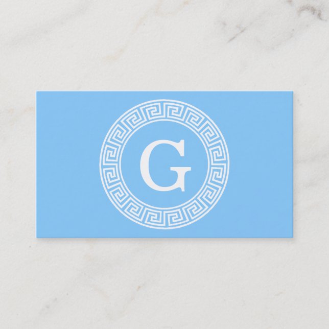 Sky Blue Wht Greek Key Rnd Frame Initial Monogram Business Card (Front)