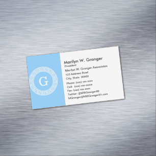 Sky Blue Wht Greek Key Rnd Frame Initial Monogram Business Card Magnet