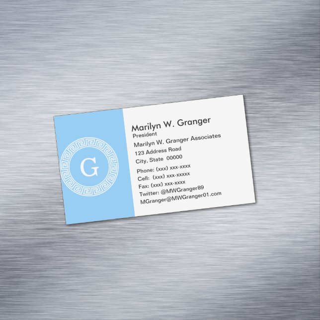 Sky Blue Wht Greek Key Rnd Frame Initial Monogram Business Card Magnet (In Situ)