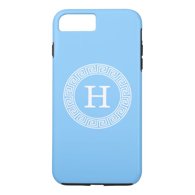 Sky Blue Wht Greek Key Rnd Frame Initial Monogram Case-Mate iPhone Case (Back)