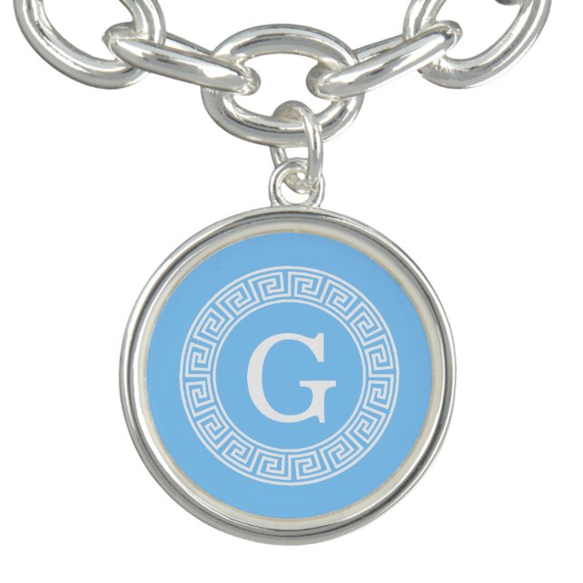 Sky Blue Wht Greek Key Rnd Frame Initial Monogram Charm Bracelet (Design)