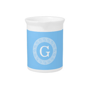 Sky Blue Wht Greek Key Rnd Frame Initial Monogram Drink Pitcher