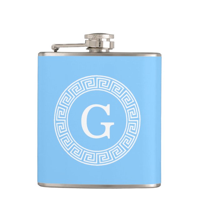 Sky Blue Wht Greek Key Rnd Frame Initial Monogram Flask (Front)