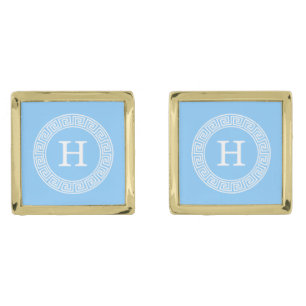 Sky Blue Wht Greek Key Rnd Frame Initial Monogram Gold Cufflinks